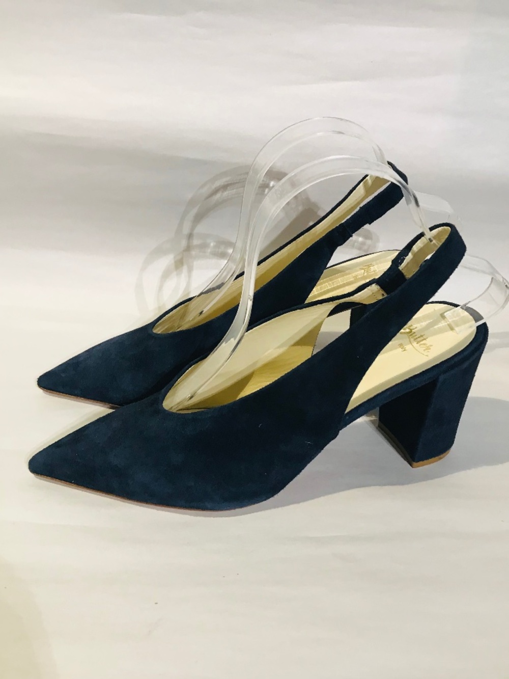 Butter Italy Handcrafted Handmade Pointed Toe Navy Blue Suede Block Heels Pumps